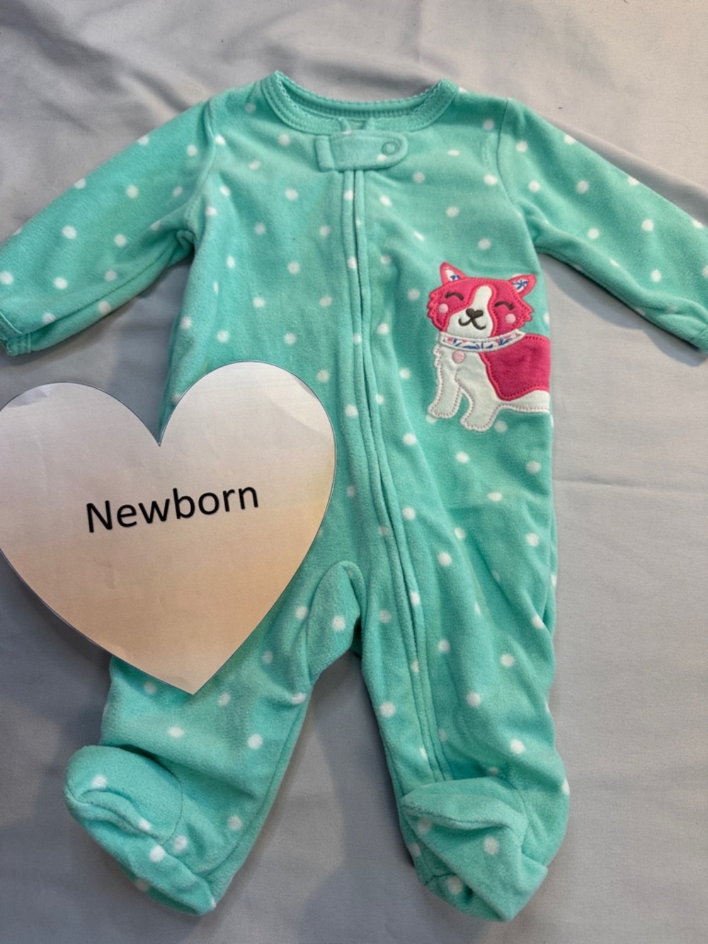 Carter's - Newborn Aqua Polka Dot Fleece Onesie Sleeper with Cat/Dog Patch